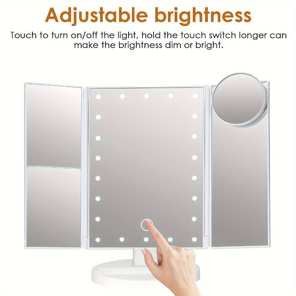Trifold LED Vanity Mirror with 1X 2X 3X 10X Magnification Touch Screen Adjustable Brightness, for Makeup, Travel and Everyday