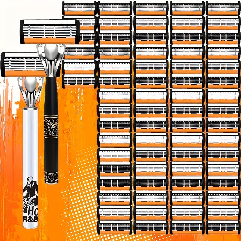 6-Layer Blade Men's Razor Set with Lubricating Strip 2 Handles & 36 or 72 Replacement Blades – Smooth Close Shave Contour-Fit