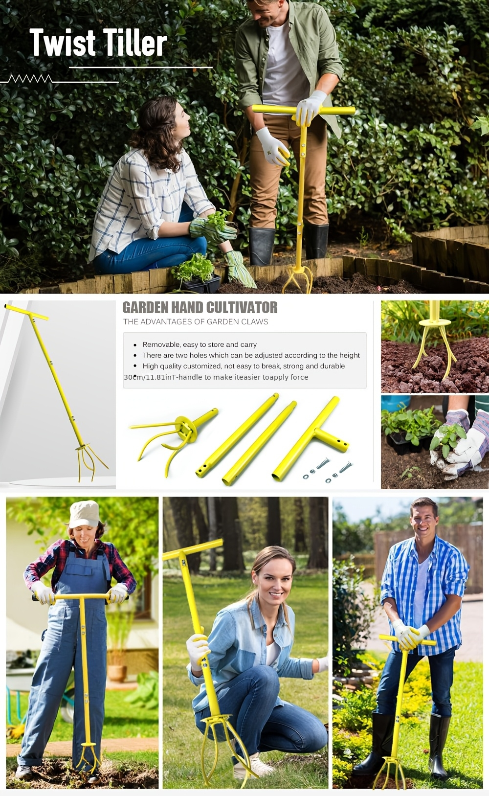 Garden Cultivator Manual Soil Loosener & Scarifier, Heavy-Duty Detachable Ergonomic Handle, Multi-Function Tool for Lawn Aera