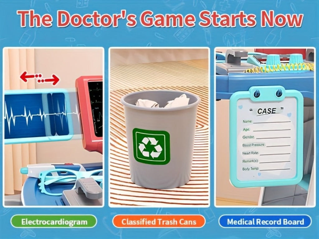 Kids Doctor Kit with Medical Cart Set, Movable Toy Trolley, Stethoscope, Thermometer & Accessories — image 13