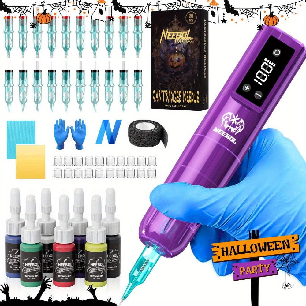 Cordless Tattoo Pen Machine Neebol Wireless Rotary Tattoo Gun with LCD Screen Display for Temporary Body Art, Festivals and C