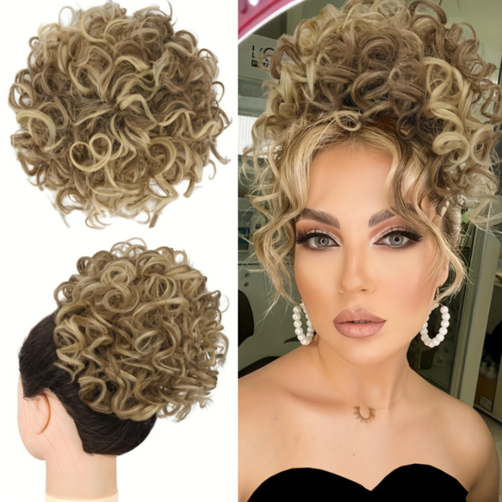 Hair Extensions Curly 10-Inch Synthetic Drawstring Bun with Comb Clips, 80g Weight and Two Brown Color Options — image 2