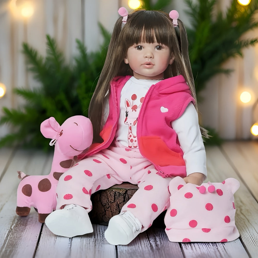 Open-Eye 24-Inch Girl Doll with Long Dark Hair, Pink Vest, Spotted Outfit and Plush Companion — image 2