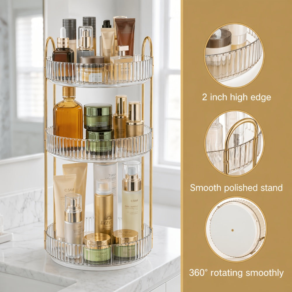Three-Tier Rotating Makeup Organizer with 360-Degree Base in Green, Amber or Transparent Finish — image 6