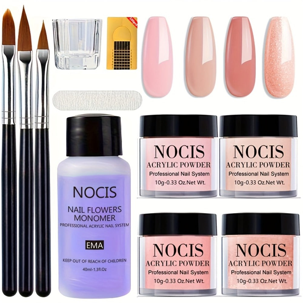 Acrylic Nail Kit NOCIS Four 10g Pink and Warm Neutral Powders with Liquid Monomer, Three Brushes and File — image 1