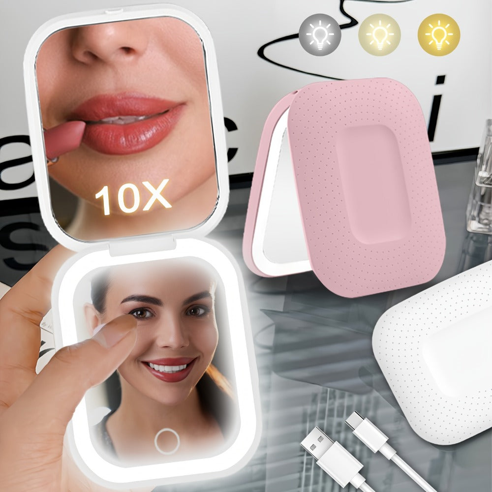 10X LED Lighted Compact Mirror USB Rechargeable 1X 10X Magnification Dimmable 3-Color Touch Screen – Double Sided Portable Tr