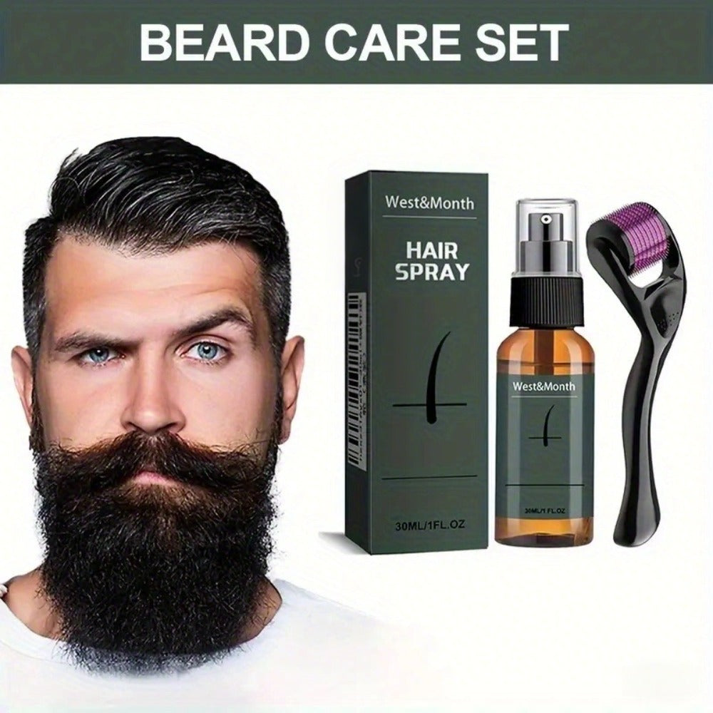 Beard Growth Spray Kit for Men 30ml Ginseng Ginger Extract Beard Moisturizer with 0.25mm Microneedle Derma Roller for Fuller 