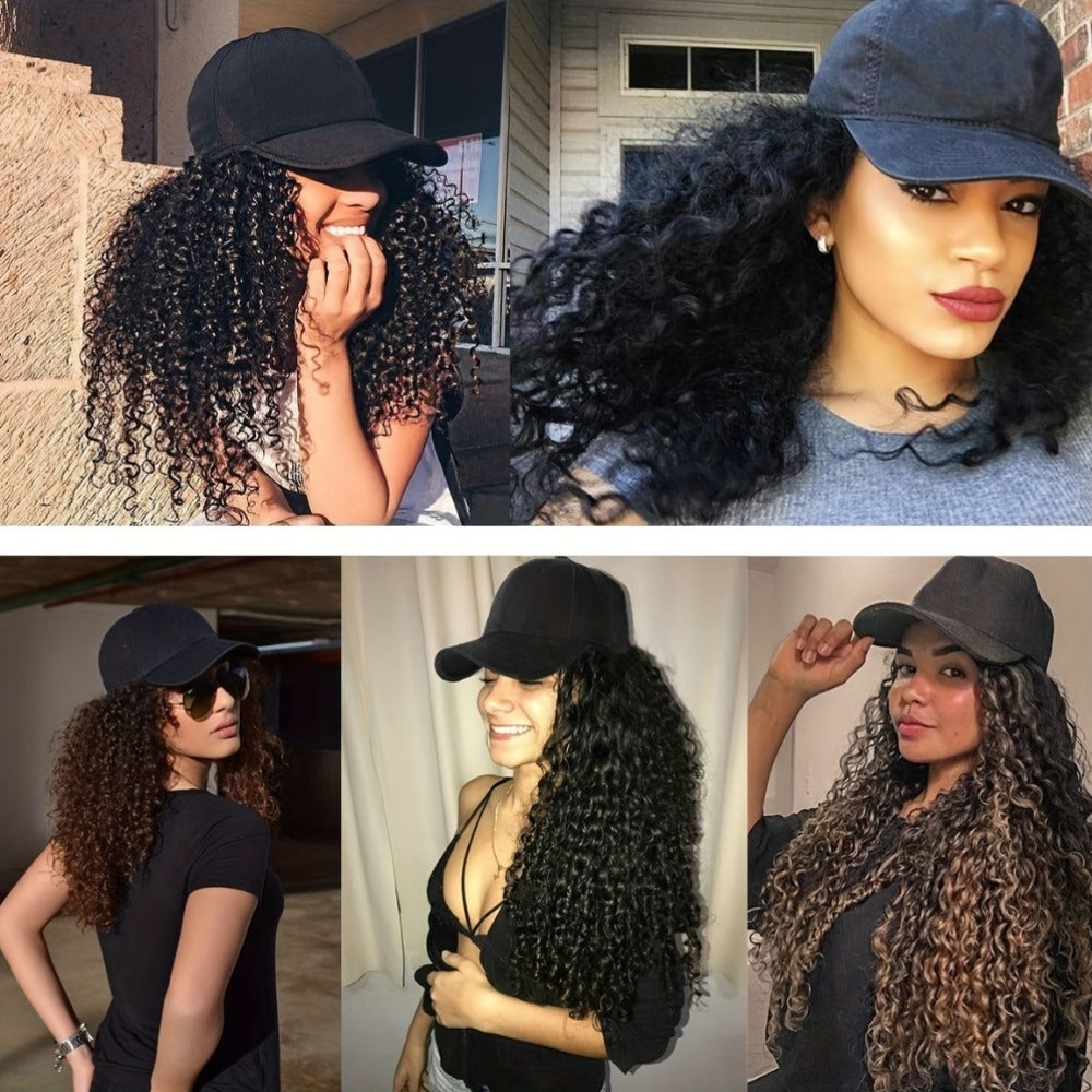 Afro Kinky Curly Baseball Cap Wig for Women 18 Inch Hat and Wig Combo Adjustable Elastic Net Long Synthetic Curly Hair Multi-