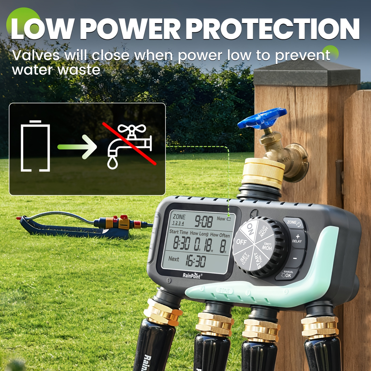 Garden Irrigation System 4-Zone, Automatic Watering Controller with Brass Head, Manual & Rain Delay Modes — image 9