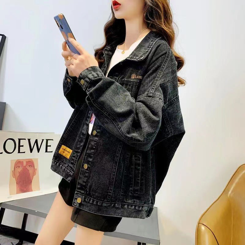 Loose Embroidered Lettered Black Denim Jacket Slimming Jacket Coat For Women