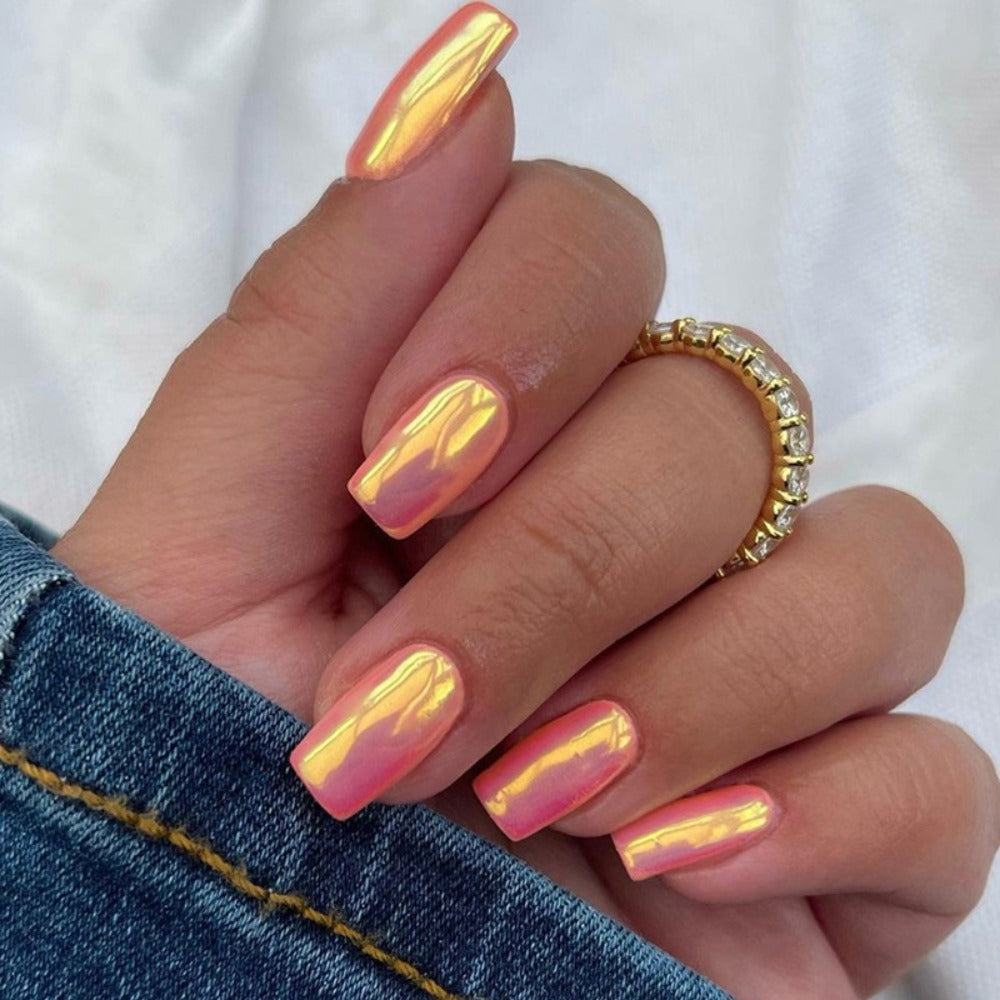 Press On Nails 96-Piece Short Square Set with Pink Chrome Mirror Metallic Full-Cover Finish — image 13