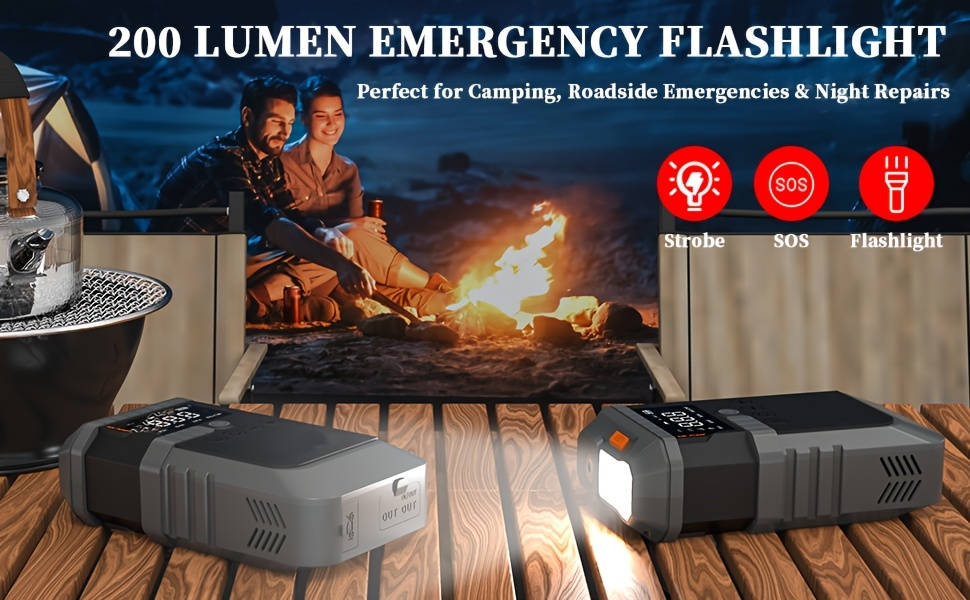 Jump Starter Power Bank 10000A 4-in-1 with 150 PSI Air Compressor LED Emergency Light USB Charging for Garden, Patio and Yard