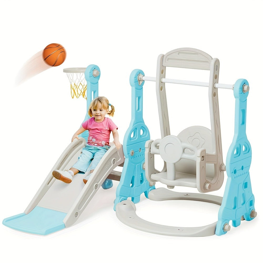 4-in-1 Toddler Slide and Swing Set with Climber Basketball Hoop Outdoor Indoor Backyard Playground Playset for Kids Ages 1-6 