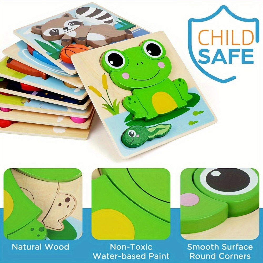 Baby Animal Wooden Puzzles for Toddlers 8 Pack, Infant Learning Toy 12 Months+, Bear Bunny Owl Frog Bee Duck Moose Raccoon — 