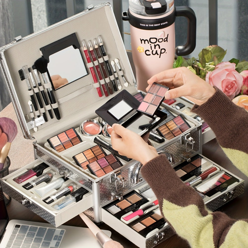 106-Piece Makeup Case Set with Red or Silver Carry Case, Fold-Out Color Palettes, Lip Products and Ten Makeup Brushes — image
