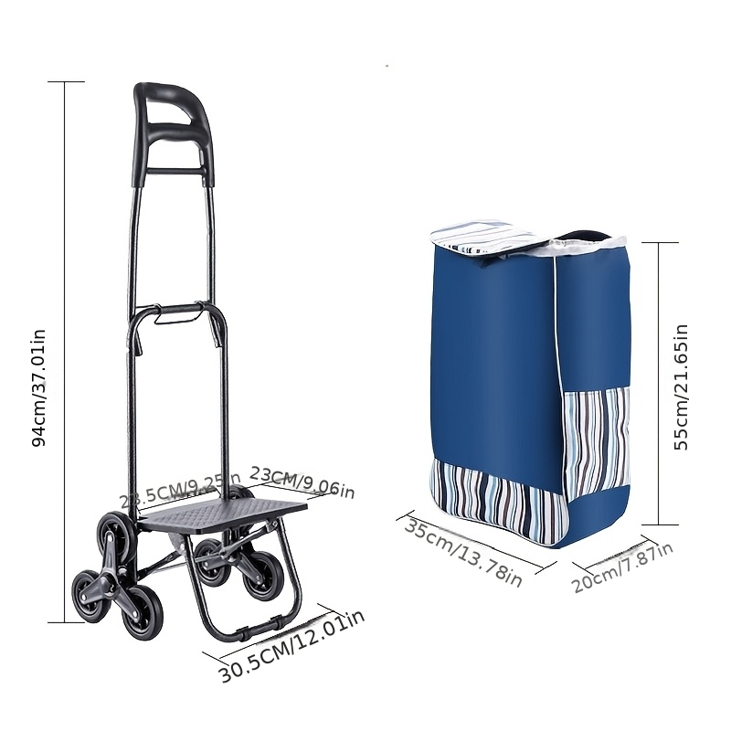 Stair Climbing Shopping Cart with Detachable Hand Truck, Foldable Grocery Trolley with Spacious Polyester Bag for Home Market