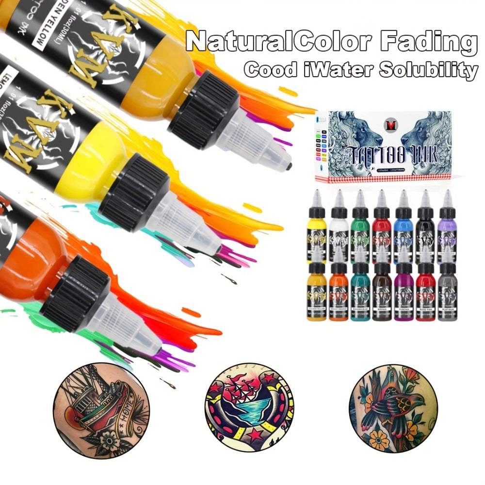 Tattoo Ink 7- or 14-Color Set with 1oz 30ml Bottles and Three Palette Configurations with Item-Specific Color, Capacity and B