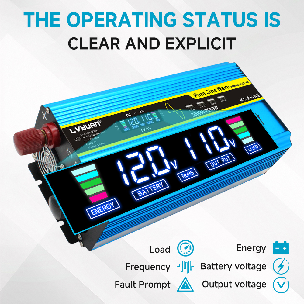Blue 12V or 24V DC to 110V AC Power Inverter with LCD, Four AC Receptacles and Remote Presentation — image 9
