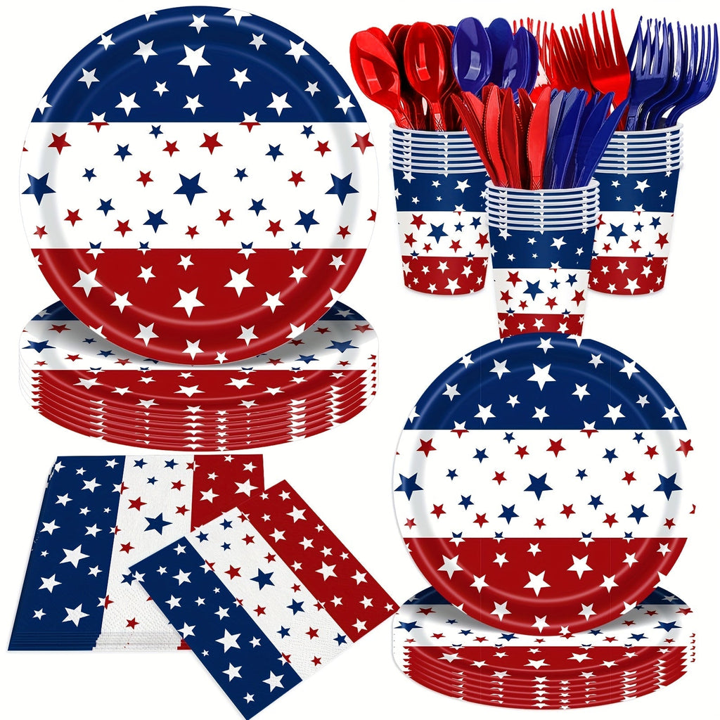 Patriotic Tableware Party Supplies Set with 140 Pieces for 20 Red White Blue Star-Print Settings — image 7