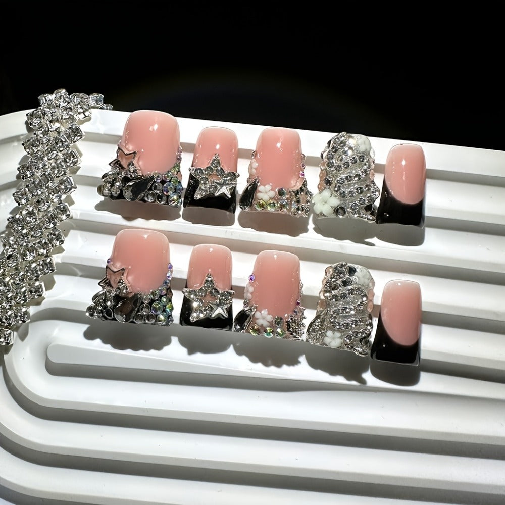 Press On Nails 10-Piece Short Duckbill Set with Black French Tips, Snake, Stars and Self-Adhesive Gel Tabs — image 7