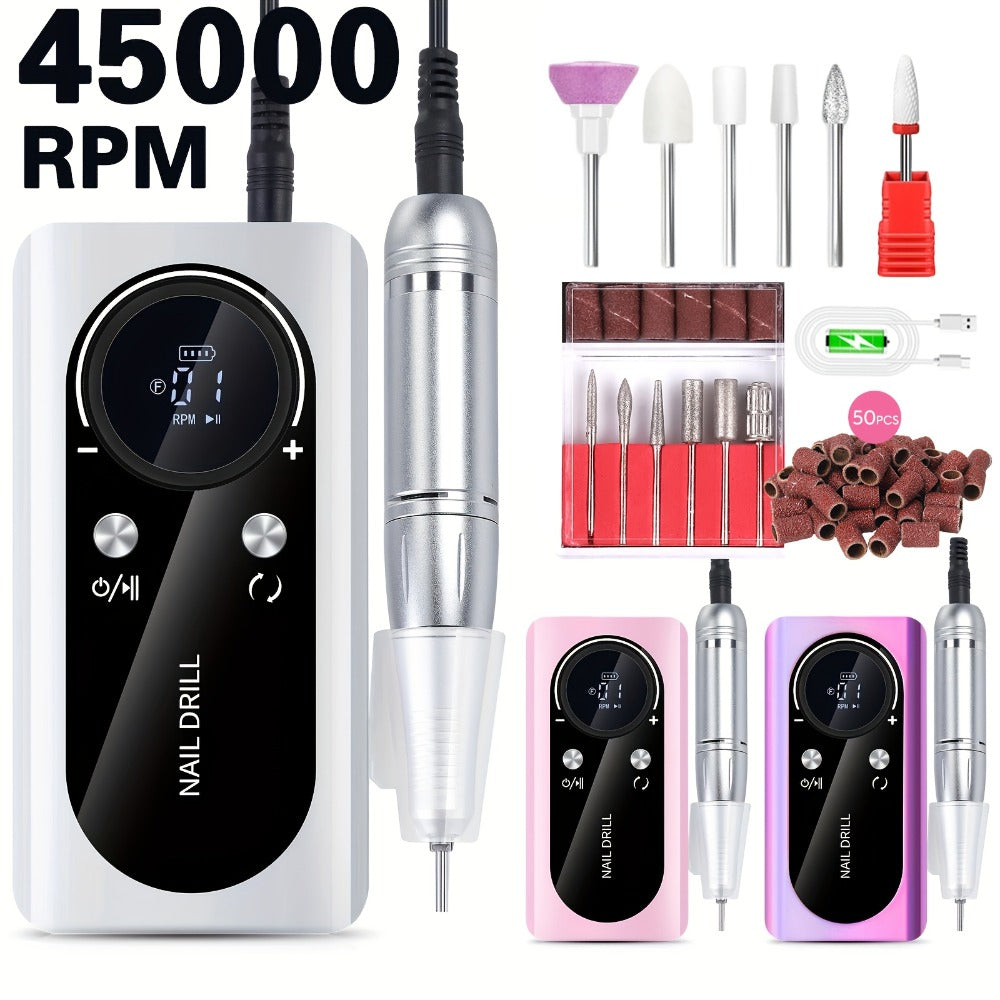 Low Noise Nail Drill Machine 45000RPM Rechargeable with LCD Display – Quiet Electric E-File for Gel Polish Acrylic Natural Na