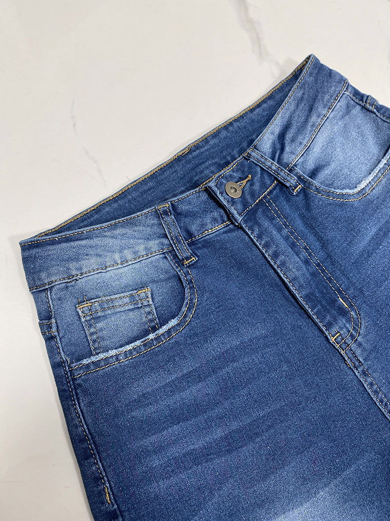 High-waisted Trousers-foot Curling Straight Jeans