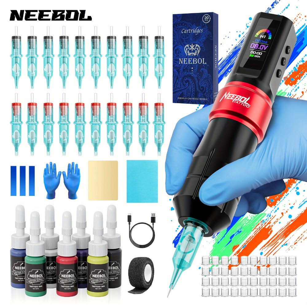 Cordless Rotary Tattoo Machine Kit Complete Set with Screen Display 6-8Hr Battery 20 Needles 7 Inks — image 9