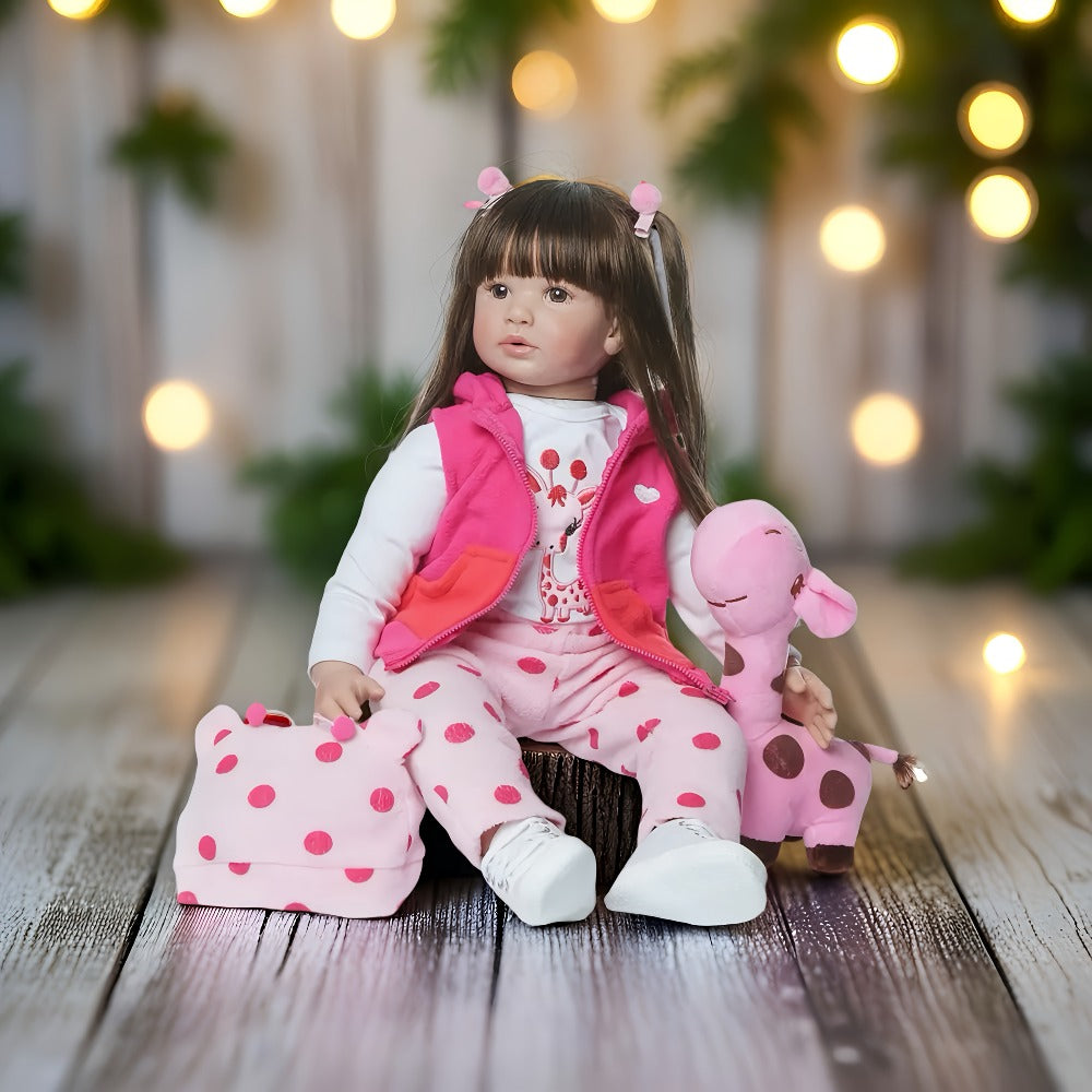 Open-Eye 24-Inch Girl Doll with Long Dark Hair, Pink Vest, Spotted Outfit and Plush Companion — image 1