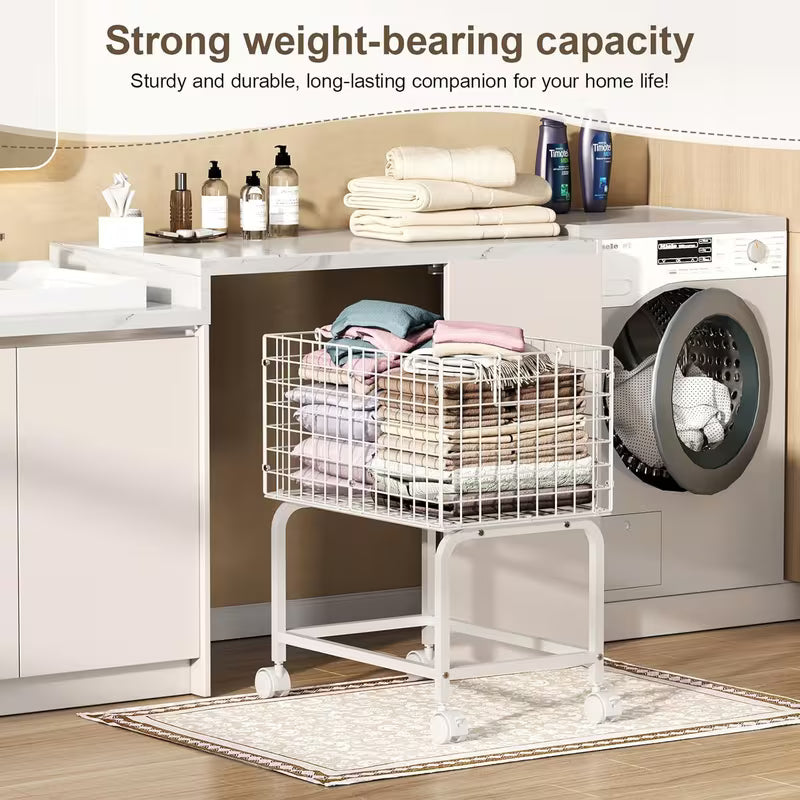 Wire Laundry Hamper Trolley Cart with Pull Handle