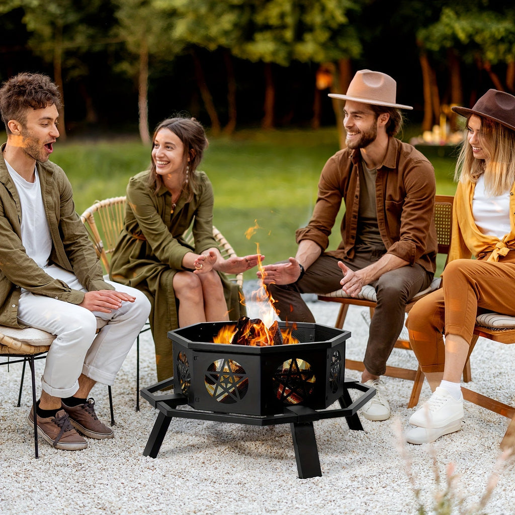 Square Fire Pit Table 32 Inch Metal Wood Burning Outdoor Fire Pit with Mesh Lid, Poker & Tabletop for Backyard Patio Garden G