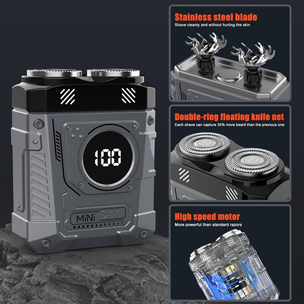 Compact Mecha-Green Dual-Rotary Electric Shaver with Front Battery Display and USB Cable Pictured — image 8