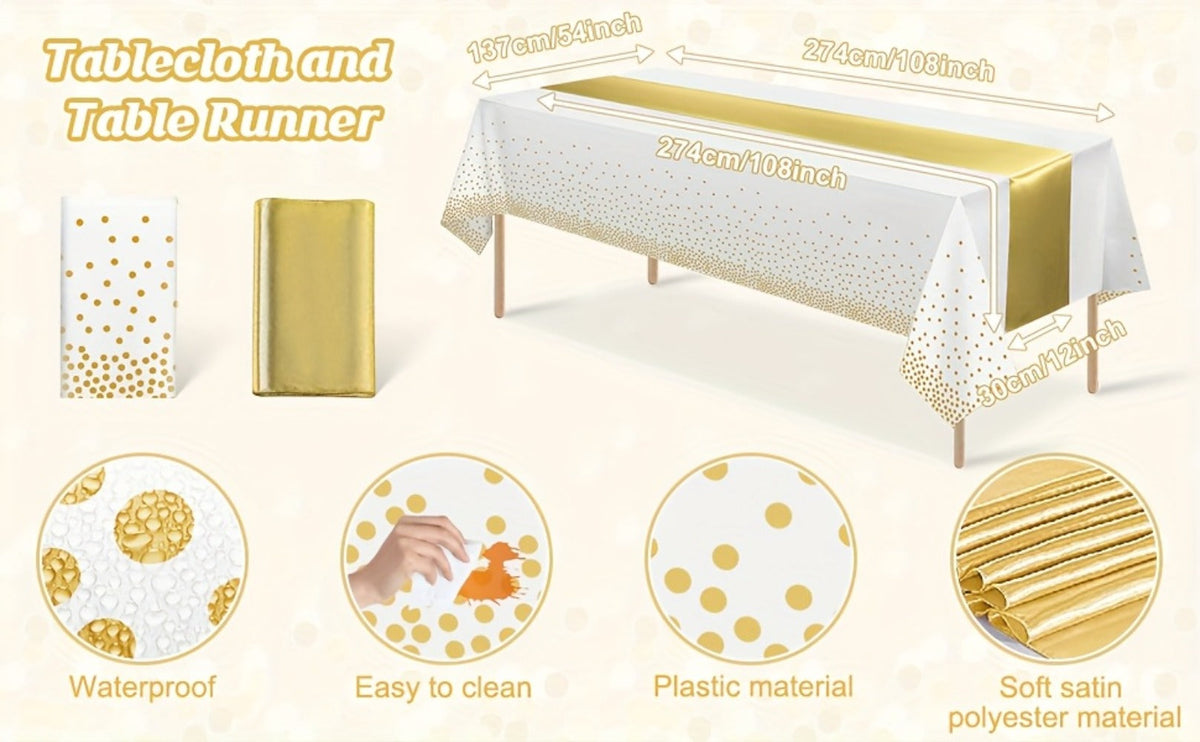 Disposable Tablecloth & Table Runner Set 10 Pack White Gold – Plastic Party Table Covers for Wedding Birthday Graduation Anni