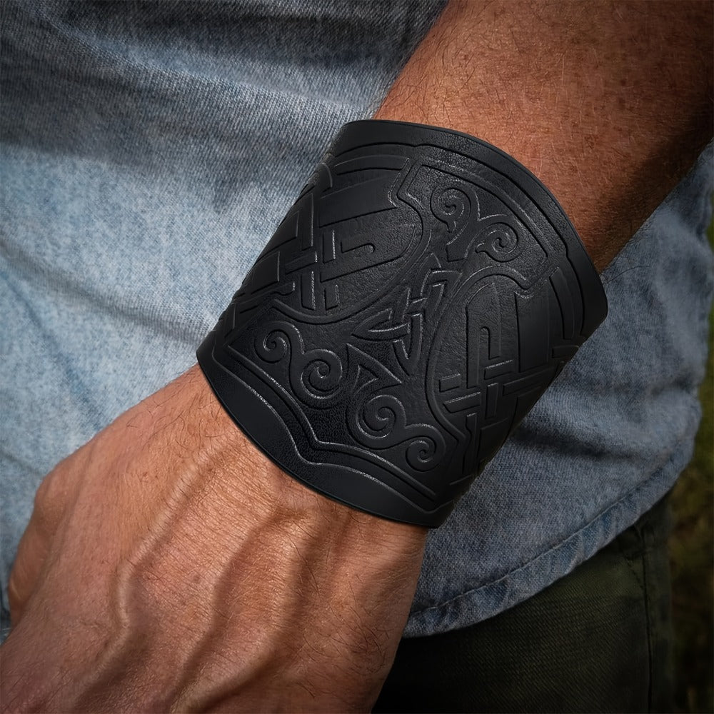 Viking Leather Cuff Bracelet Set 2pcs Norse Mythology Mjolnir Vegvisir Embossed Wristband for Men Women Halloween Gift — imag