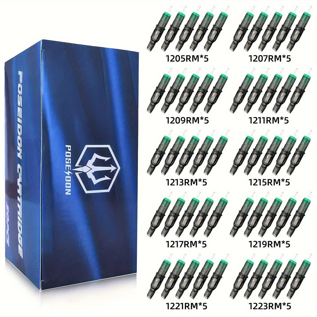 Tattoo Cartridge Needles 50Pcs Assorted - Poseidon TUV 0.30mm Stainless Steel RL RS M1 for Temporary Body Art, Festivals and 