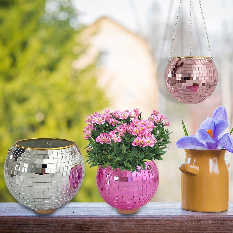 Disco Ball Planter Hanging Mirror Spherical Plastic Flower Pot Horticultural Hanging Basket