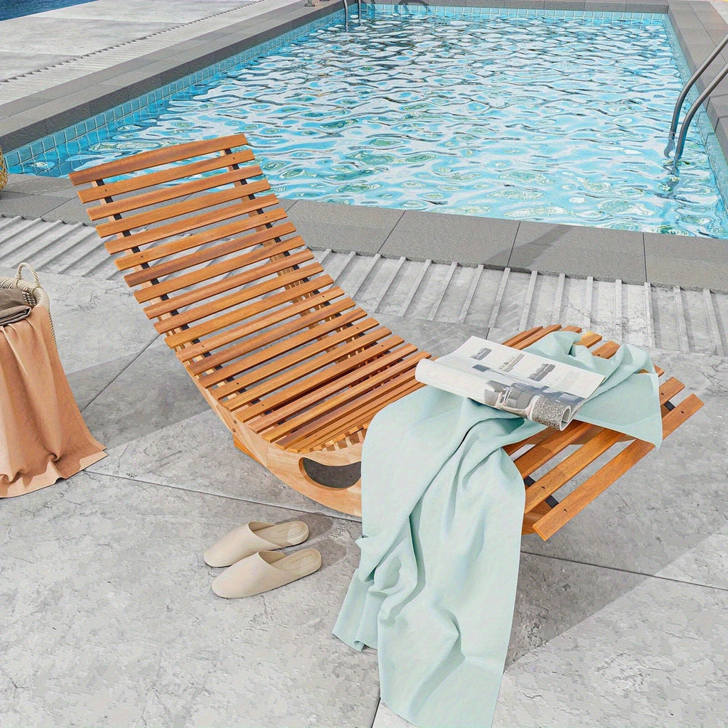 Acacia Wood Rocking Chaise Lounge Outdoor High Back Slatted Seat Stopper Patio Rocker for Deck Poolside Garden — image 9