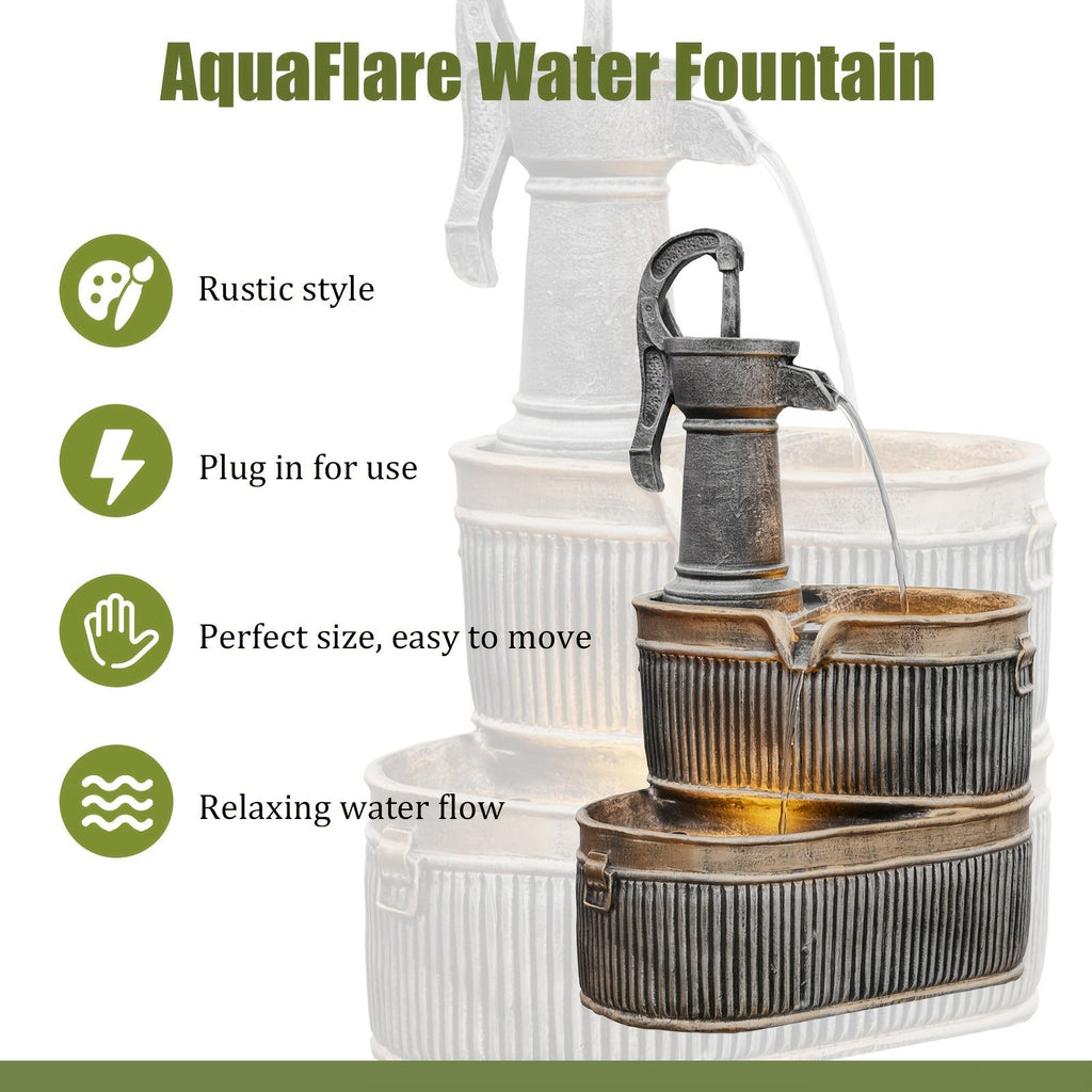 Outdoor Water Fountain 2-Tier Barrel with LED Light & Pump - Rustic Resin Garden Fountain for Patio — image 9