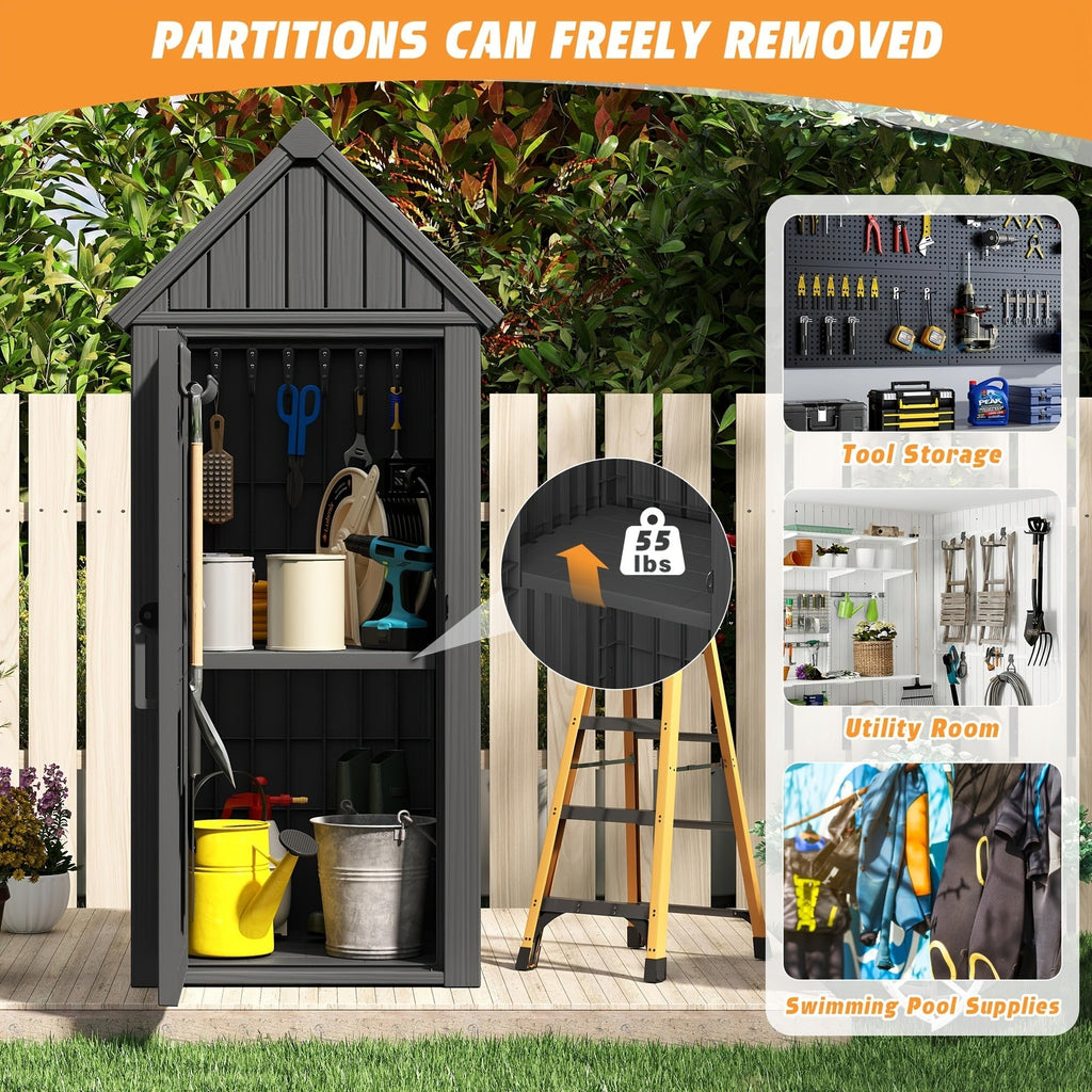 Tall Resin Outdoor Storage Shed with Sloped Roof, Lock-Ready Door and Interior Hooks in Black or Brown — image 9