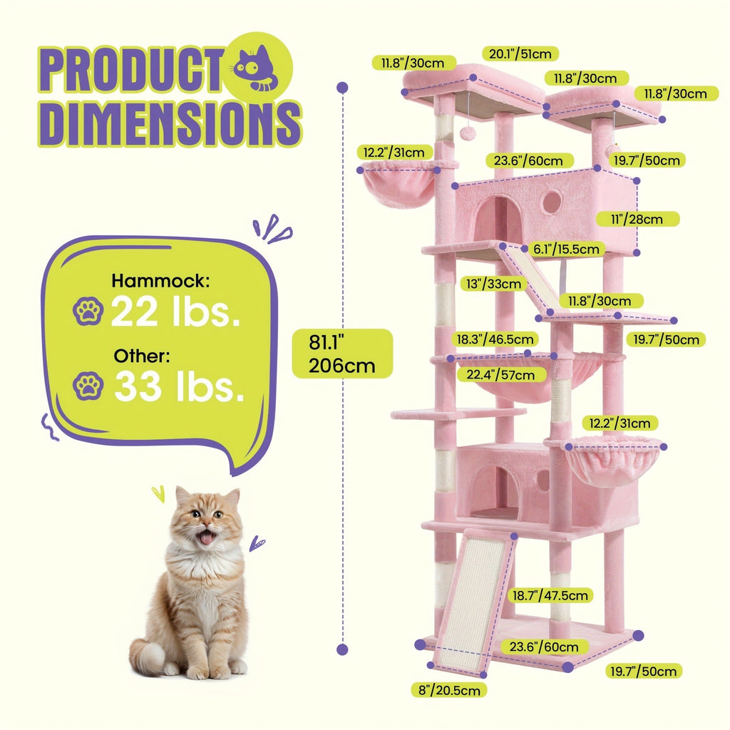 Multi-Level Cat Tree in 36-, 65-, 68- or 81-Inch Heights with Perches, Condo, Hammock and 30 Color, Pattern or Layout Options