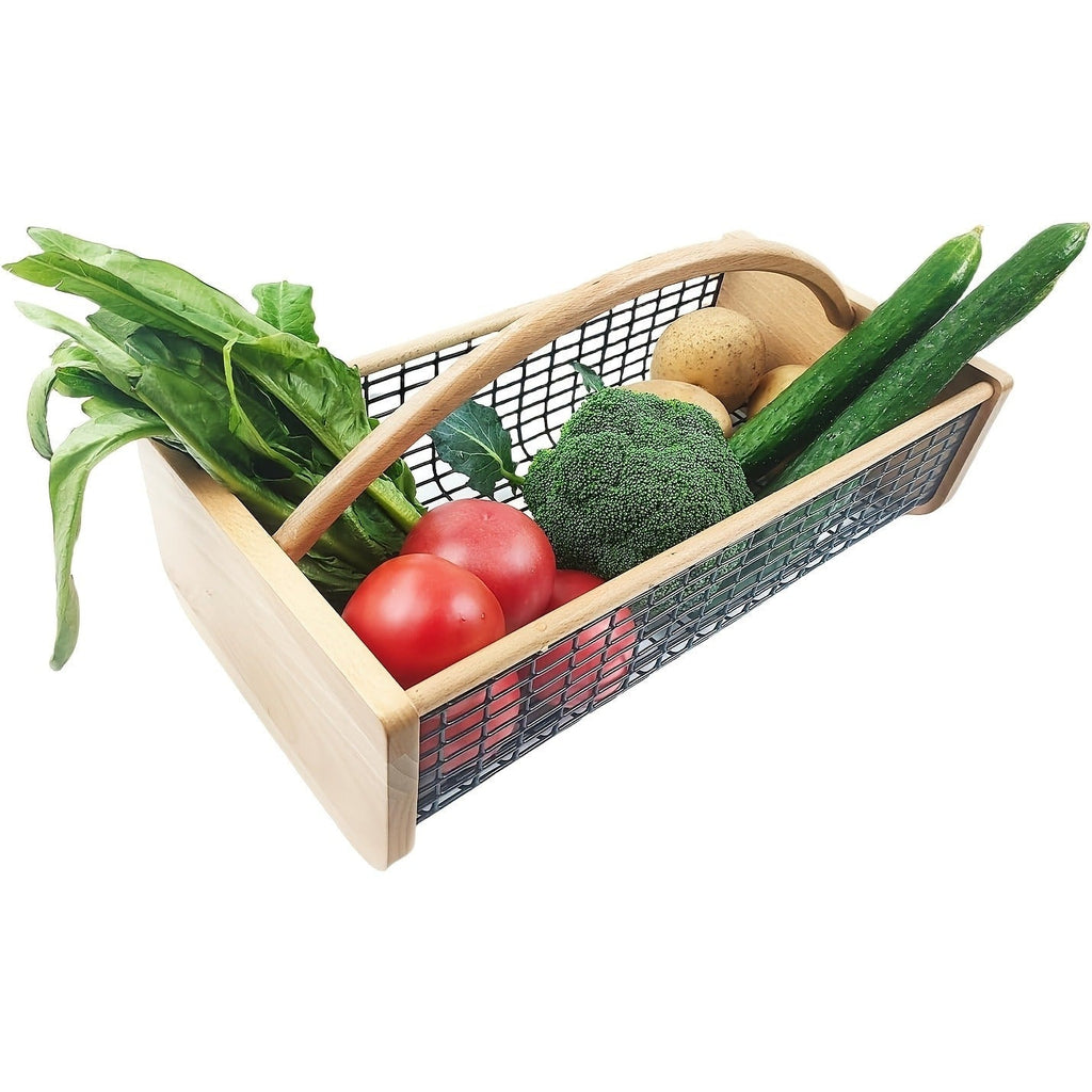 Garden Harvest Basket Metal Mesh with Wooden Handle – Rectangle Vegetable Fruit Picking Basket for Garden, Kitchen & Farmhous