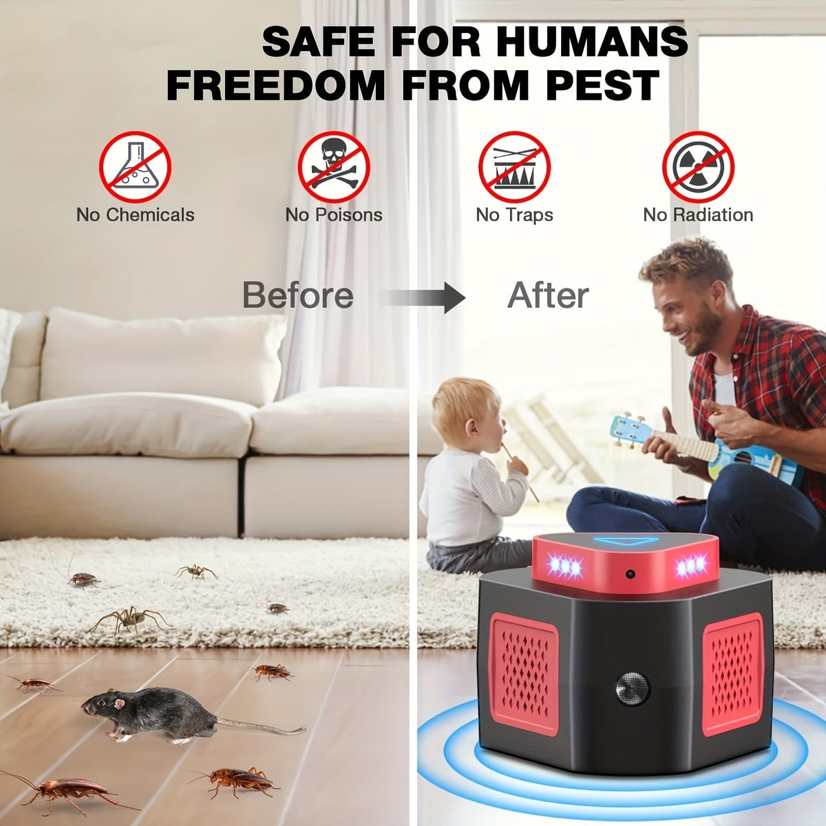 Plug-In Pest Repeller 4-in-1, 360° Soundwave Coverage, Repels Mice, Rats, Cockroaches, Bats & Squirrels — image 9