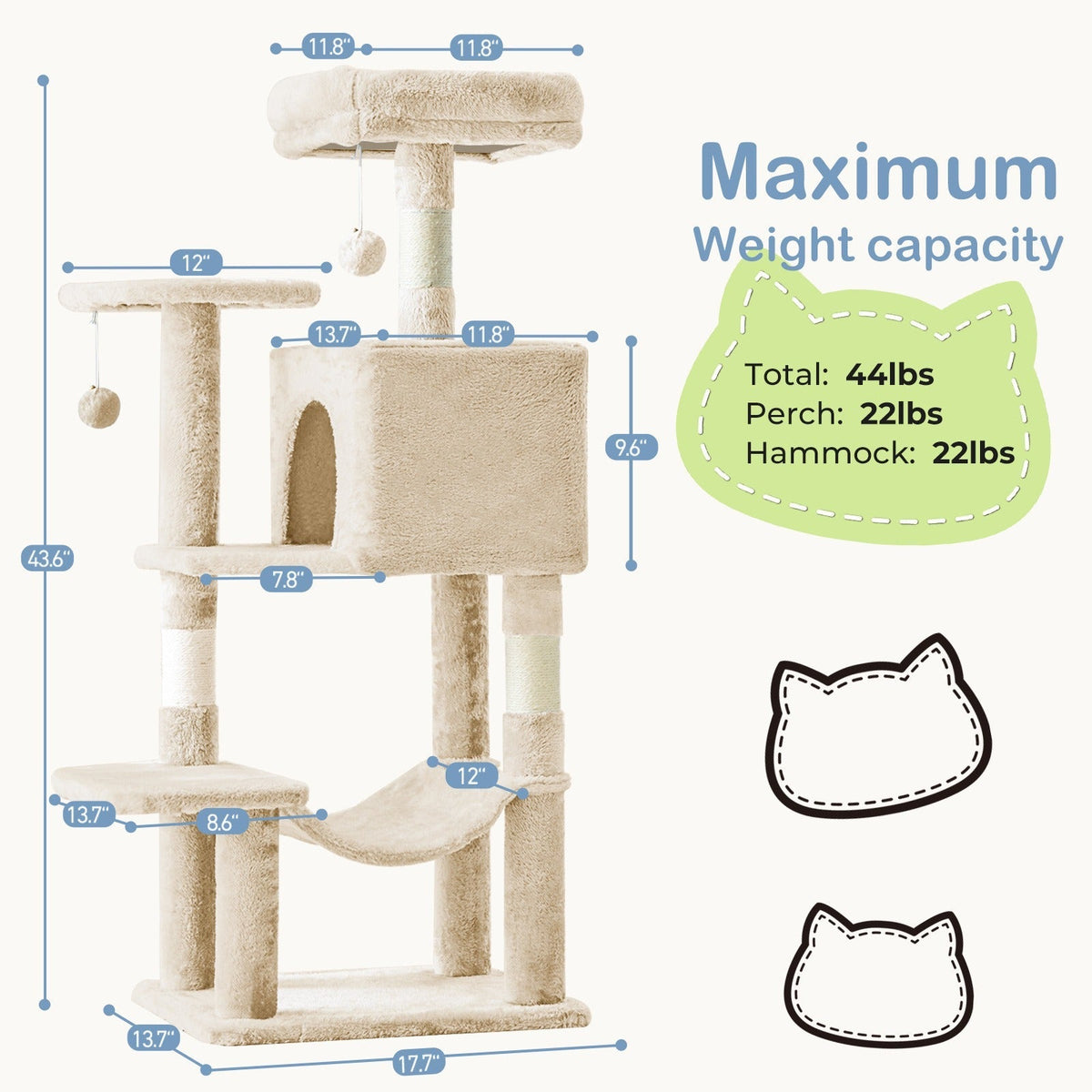 Multi-Level 44in Cat Tower with Enclosed Condo, Hammock, Round Platforms and Sisal-Wrapped Posts — image 34