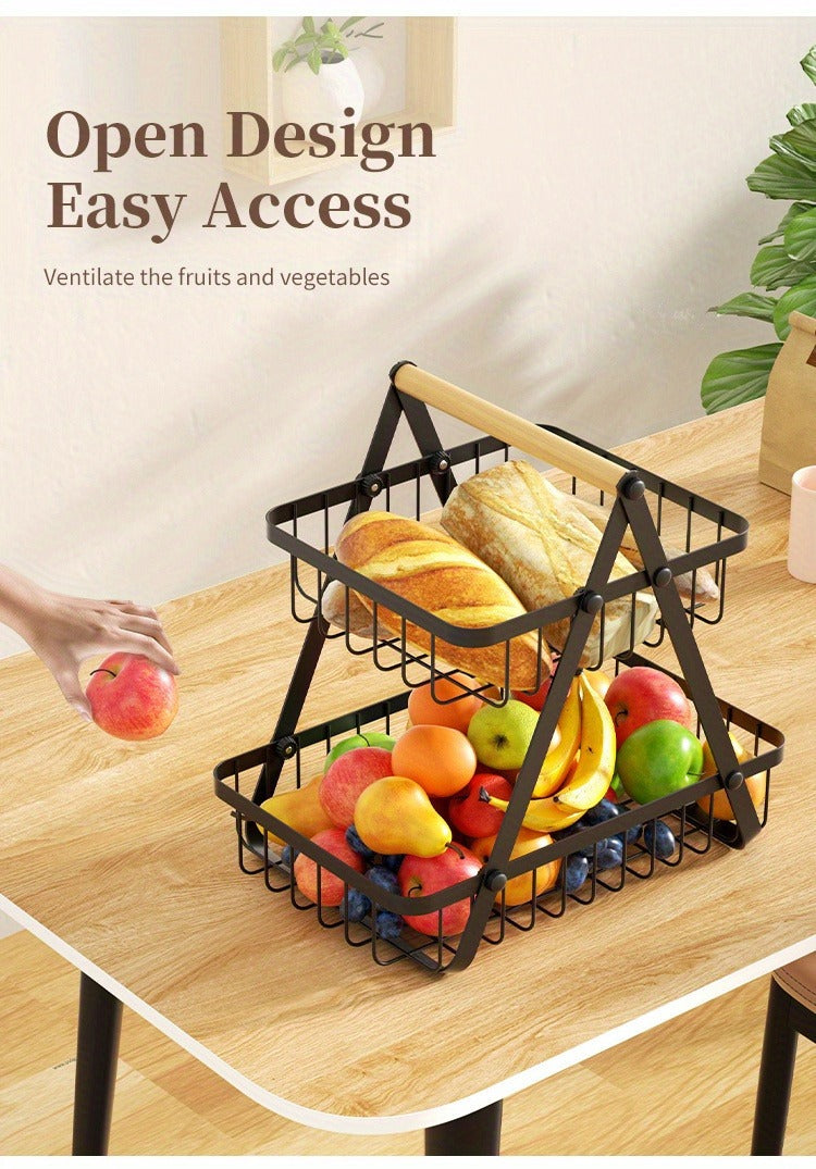 Two-Tier Black Wire Fruit Basket with Wood-Look Carry Handle and 12.2-Inch Countertop Frame — image 10