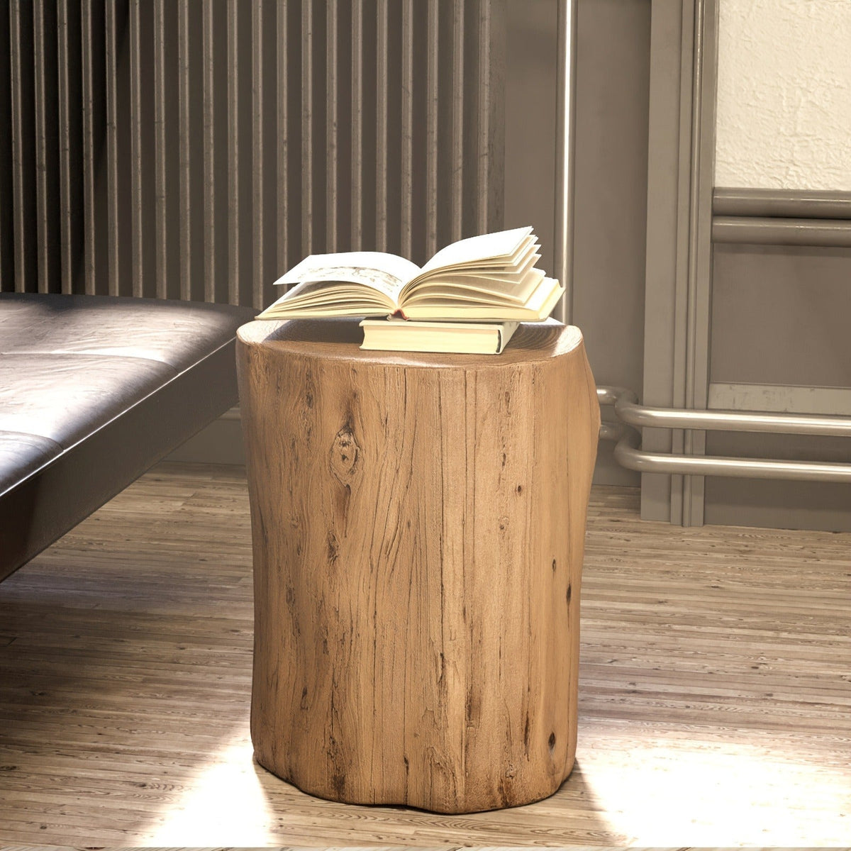 Outdoor Side Table Faux Wood Tree-Stump Design in Magnesia with Cylindrical Form and Brown Finish — image 9