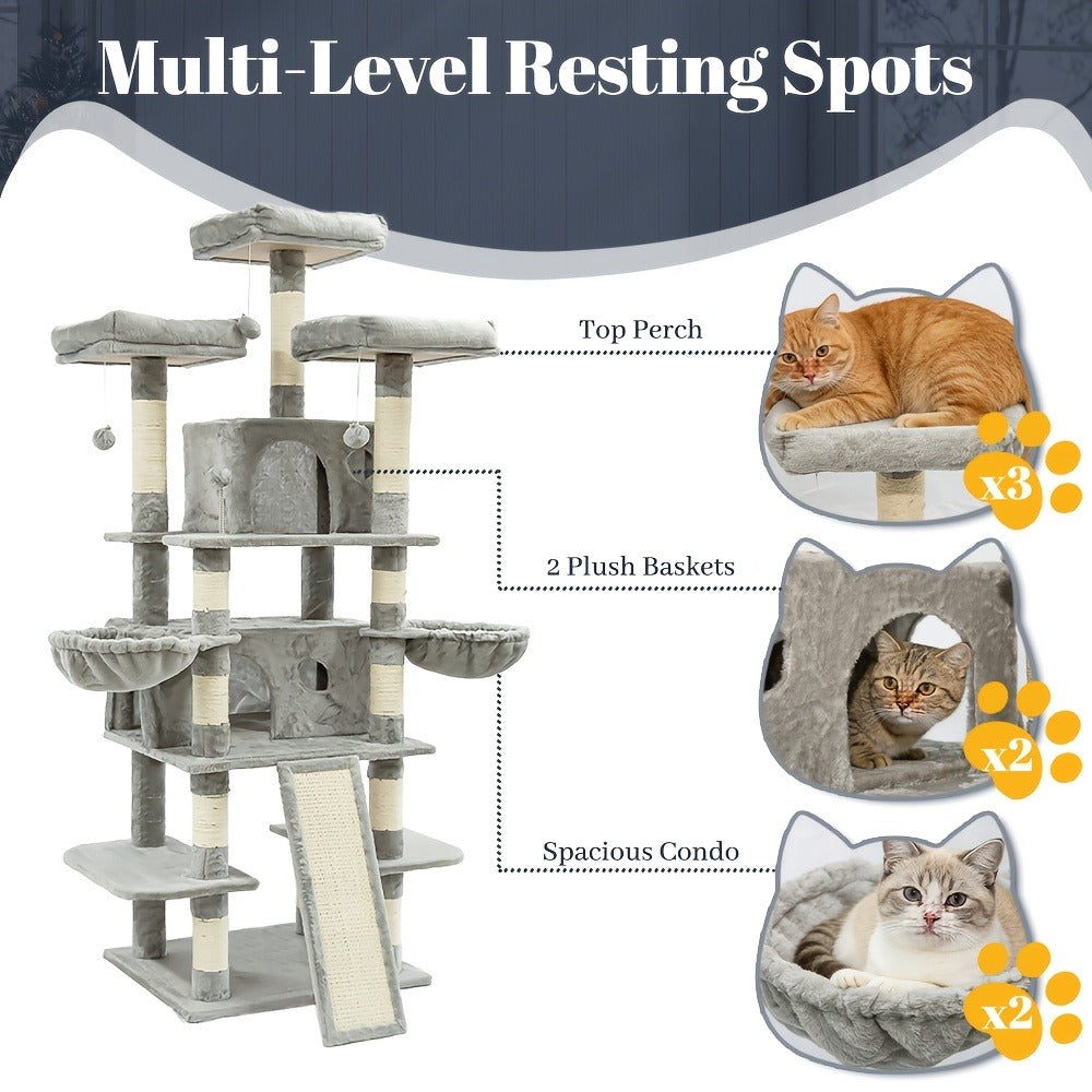 Large Multi-Level Cat Tower with Two Condos, Three Perches, Hammocks and Six Gray, Beige or Taupe Configurations — image 17