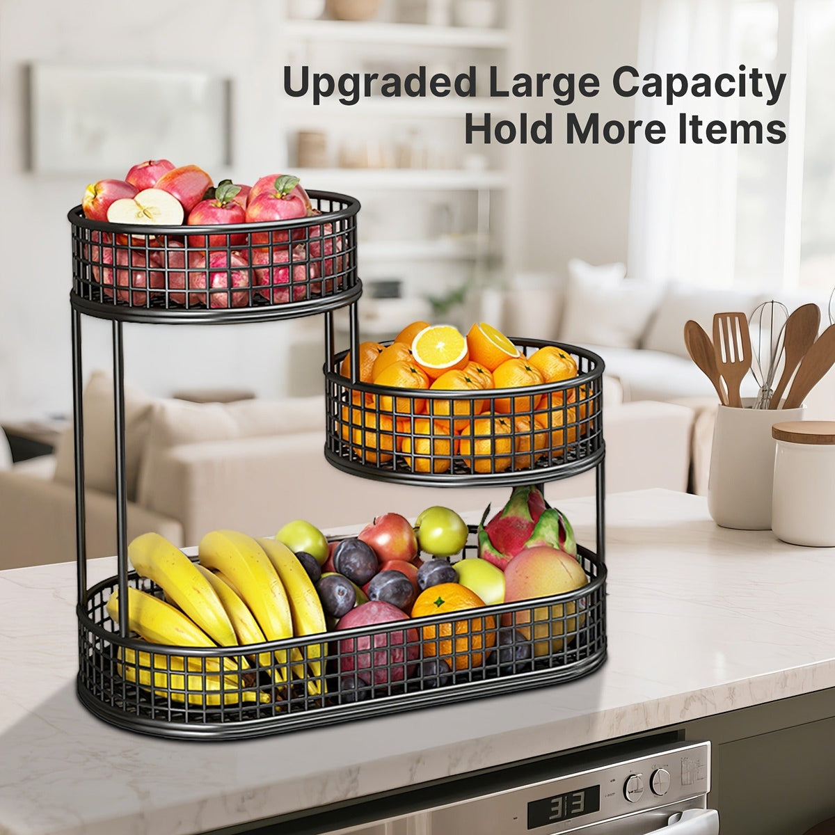 Three-Tier Black Wire Fruit Basket with Staggered Round Bowls and Rectangular Countertop Base — image 10