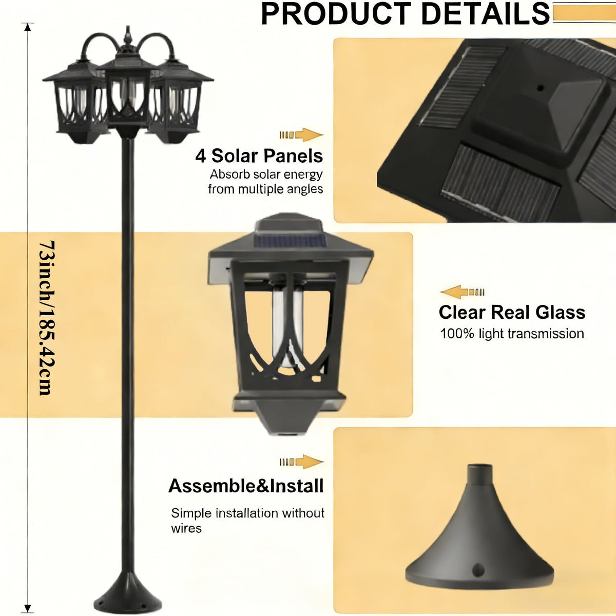 Three-Head Solar Lamp Post, Up to 73 Inches with Four Height Settings and 3000K Light Label — image 9