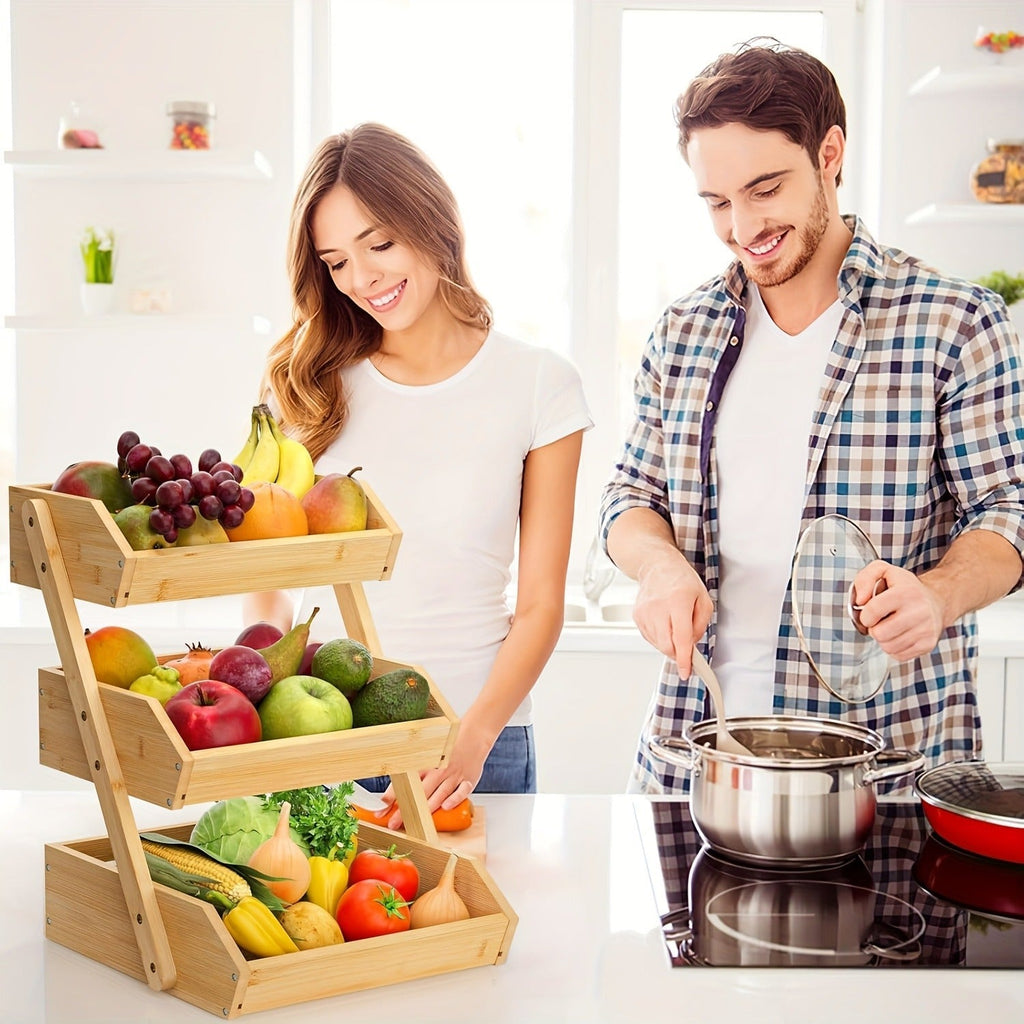 Fruit Basket Stand 2 & 3 Tier Wooden Countertop Organizer Large Capacity Kitchen Storage for Fruits Vegetables Bread Produce 