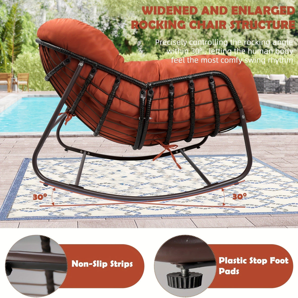 Papasan Rocking Chair Outdoor Wicker Egg Chair with Cushion & Pillow, Large Patio Rocker for Garden — image 9