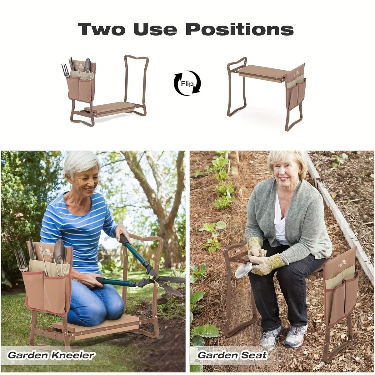 Garden Kneeler and Folding Seat with EVA Foam Pad and Side Tool Pocket, Brown Two-Position Gardening Bench — image 9